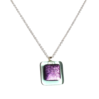 Dichroic purple on transparent green fused glass pendant necklace