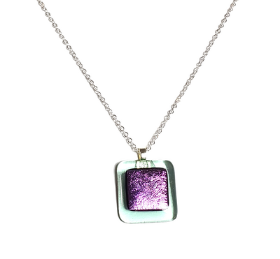 Dichroic Purple on Transparent Green Fused Glass Pendant Necklace