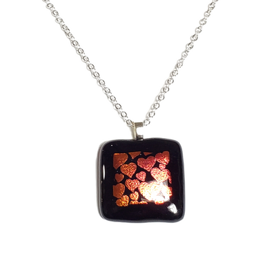 Dichroic hearts on black fused glass pendant necklace