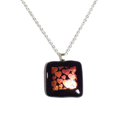 Dichroic Hearts on Black Fused Glass Pendant Necklace