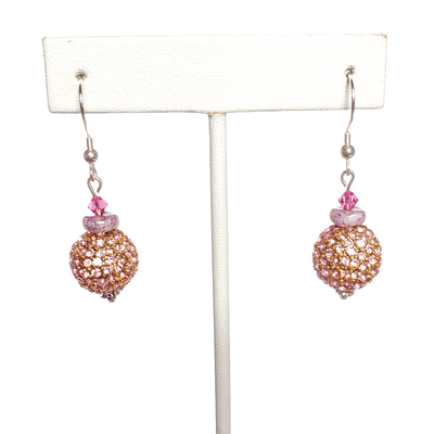 Pink rhinestone, purple pressed glass and pink crystal earrings with sterling silver hooks