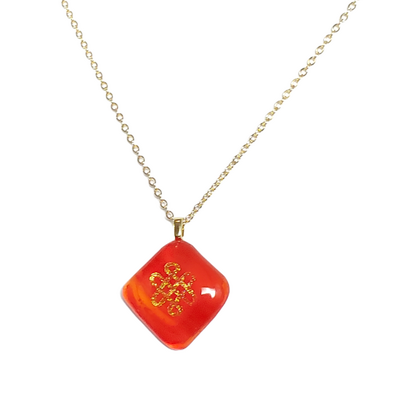 Golden dichroic celtic knot on red fused glass pendant necklace