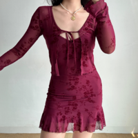 Burgundy Embroidered Suspender Dress Cardigan Two-Piece Set - Thumbnail 1