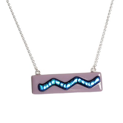 Dichroic blue wave on purple fused glass bar necklace