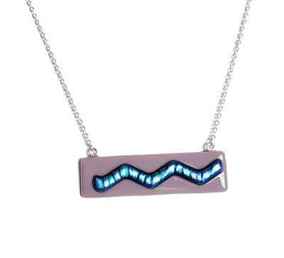 Dichroic Blue Wave on Purple Fused Glass Bar Necklace