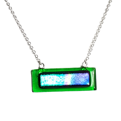 Dichroic rainbow on transparent green fused glass bar necklace
