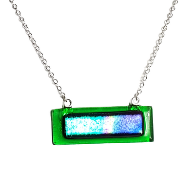Dichroic Rainbow on Transparent Green Fused Glass Bar Necklace