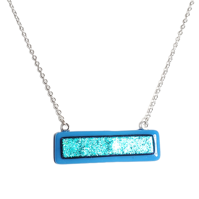 Dichroic blue on blue fused glass bar necklace