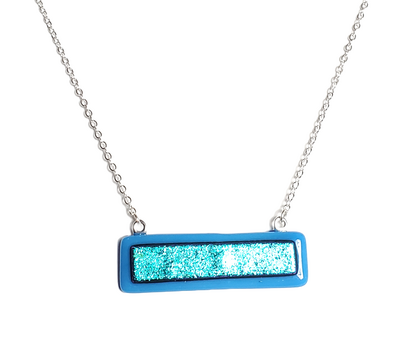 Dichroic Blue on Blue Fused Glass Bar Necklace