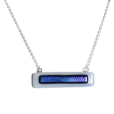 Dichroic blue circles on light blue fused glass bar necklace