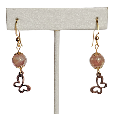 Wood butterfly and iridescent taupe glass bead earrings