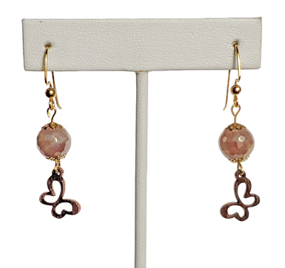 Wood Butterfly and Iridescent Taupe Glass Bead Earrings