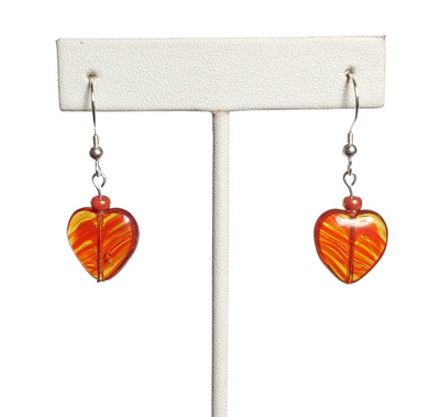 Red Glass Heart Earrings with Sterling Silver Hooks