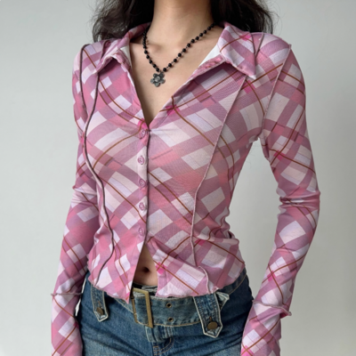Plaid long sleeve shirt women's short top