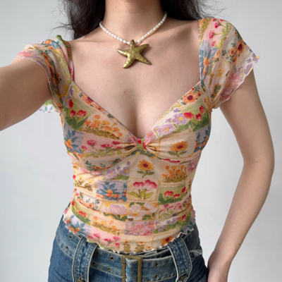 Oil painting floral print v-neck t-shirt