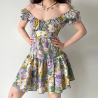 Retro oil painting flower puff sleeve short-sleeved dress for women with back straps - Thumbnail 1
