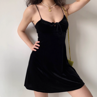 Sexy lace-up black velvet sling dress - Thumbnail 2