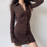 Mocha Brown Lapel Long Sleeve Pleated Dress - Thumbnail 1