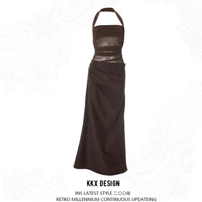 Halter neck mesh see-through backless cross-body gathered long skirt