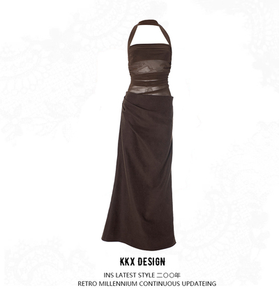 Halter neck mesh see-through backless cross-body gathered long skirt