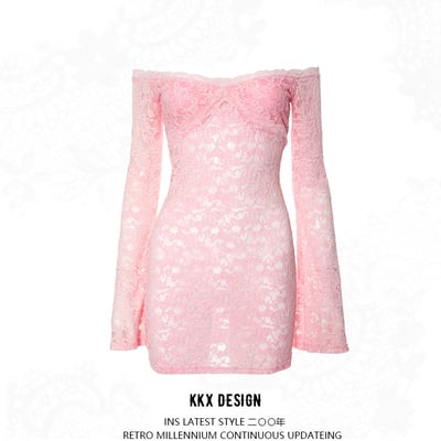 Solid color sexy one shoulder see-through lace dress