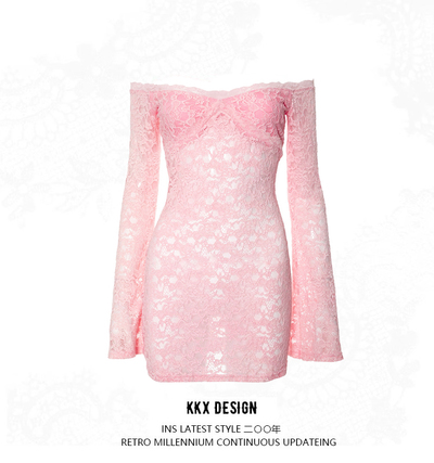 Solid color sexy one shoulder see-through lace dress