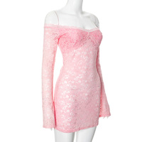Solid color sexy one shoulder see-through lace dress - Thumbnail 3