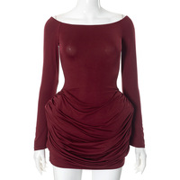 Off-shoulder long sleeve gathered waist elegant short skirt - Thumbnail 4