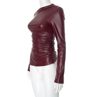 Leather paneled gathered slim fit sexy top - Thumbnail 3