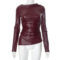 Leather paneled gathered slim fit sexy top - Thumbnail 5