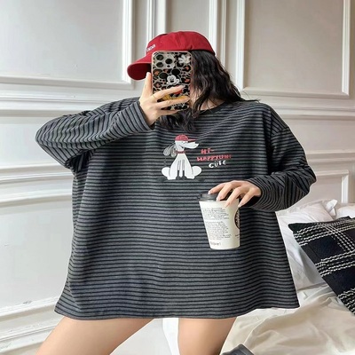 Large size loose cartoon anime striped bottoming shirt