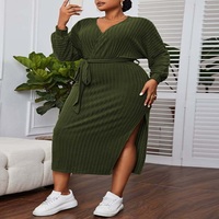 Women's Large Size Army Green V-Neck Lantern Sleeve Dress - Thumbnail 1