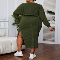 Women's Large Size Army Green V-Neck Lantern Sleeve Dress - Thumbnail 4