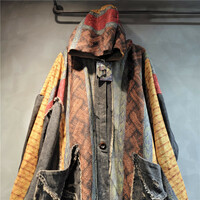 Fashionable women's loose contrasting print patchwork denim cardigan jacket - Thumbnail 1
