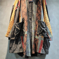 Fashionable women's loose contrasting print patchwork denim cardigan jacket - Thumbnail 2