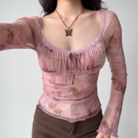 Retro Printed Mesh U-Neck Long Sleeve T-Shirt - Thumbnail 2