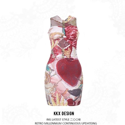 Fashion print metal button hollow dress