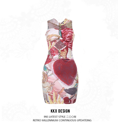 Fashion Print Metal Button Hollow Dress