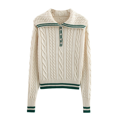 Eight-strand simple lapel long-sleeved knitted sweater - Thumbnail 3