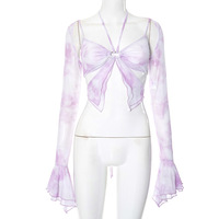 Spliced ​​lotus leaf sleeves printed butterfly irregular dreamy color top - Thumbnail 5