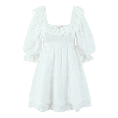 Lace Square Neck Three-Dimensional Small Flower Double-Layer Lace Hem Dress