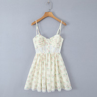 Lace Embroidery Printed Fishbone Waist Suspender Short Dress - Thumbnail 1