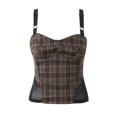 Sexy splicing mesh lace casual plaid top - Thumbnail 2