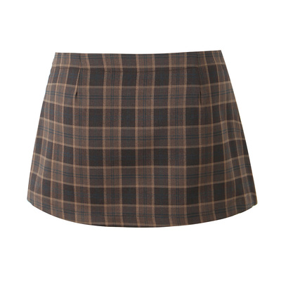 Retro low waist zipper slit plaid hip skirt