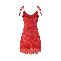 Red waist short skirt printed V-neck suspender sexy dress - Thumbnail 2