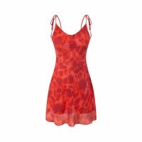 Red waist short skirt printed V-neck suspender sexy dress - Thumbnail 3