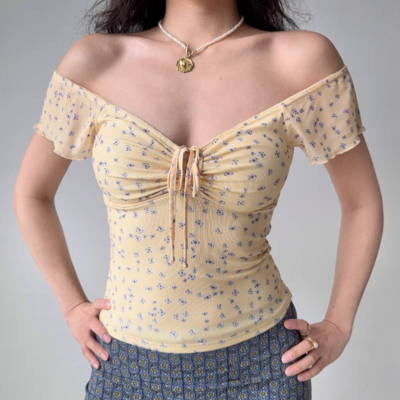 Floral mesh short sleeve t-shirt women's lace-up v-neck hot girl top - Thumbnail 2