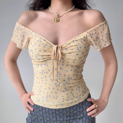 Floral Mesh Short Sleeve T-Shirt Women's Lace-up V-Neck Hot Girl Top