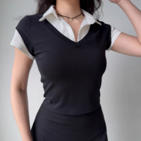 Retro design fake two-piece lapel short-sleeved T-shirt - Thumbnail 1