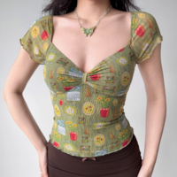 Bowknot V-neck hollow print long-sleeved T-shirt - Thumbnail 1